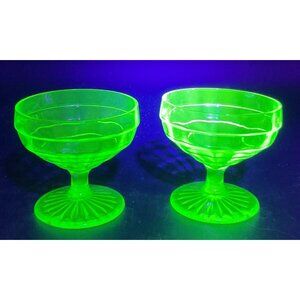 Vintage 2 Uranium Glass Anchor Hocking Block Optic Sherbet Dessert Cups 1930s